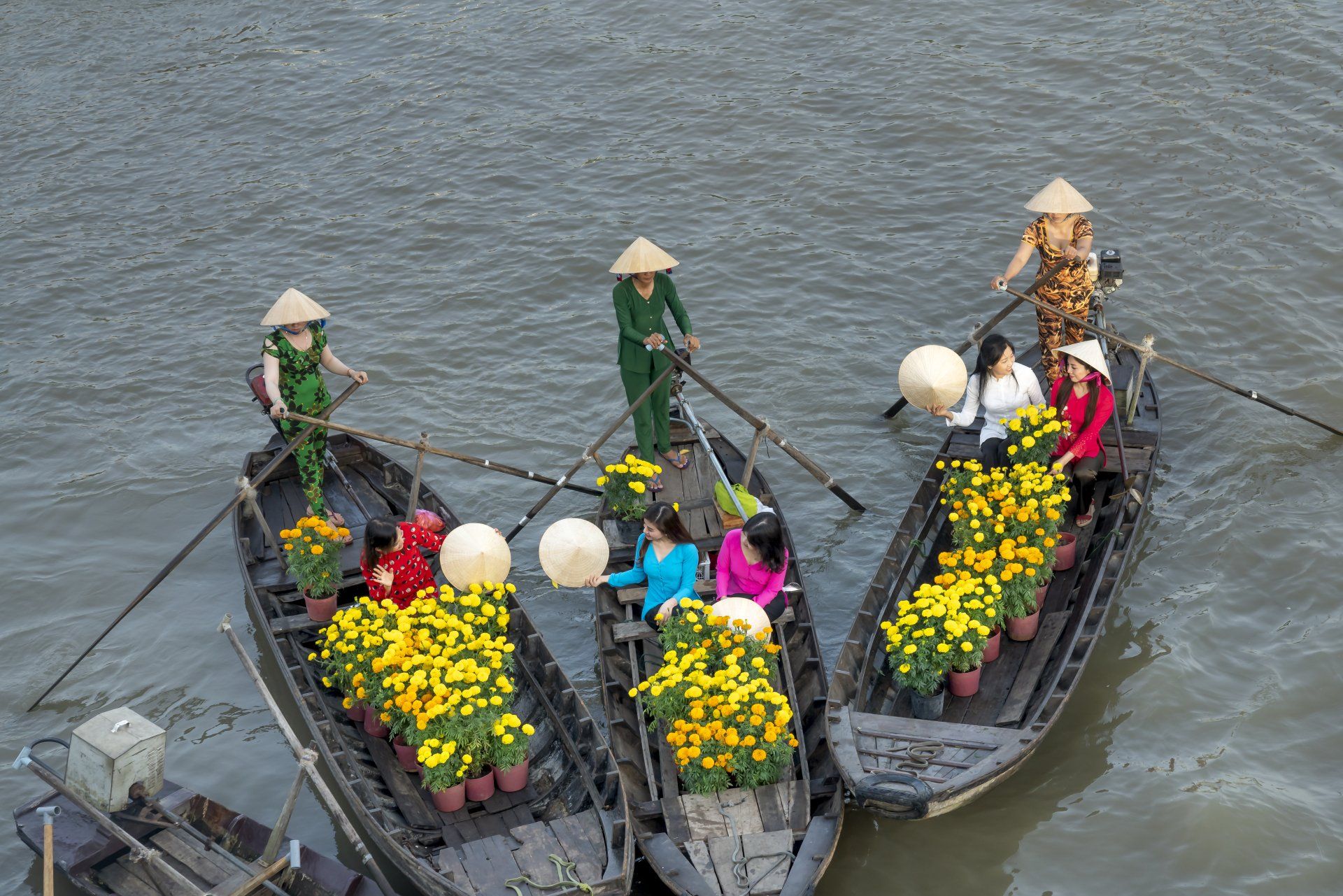 A group of people are rowing boats on a river filled with flowers.