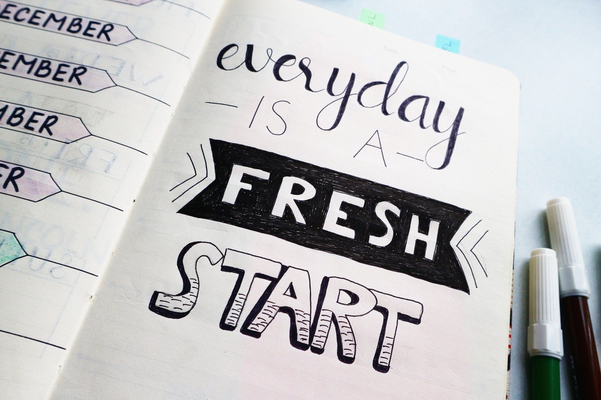 A notebook with a quote that says everyday is a fresh start