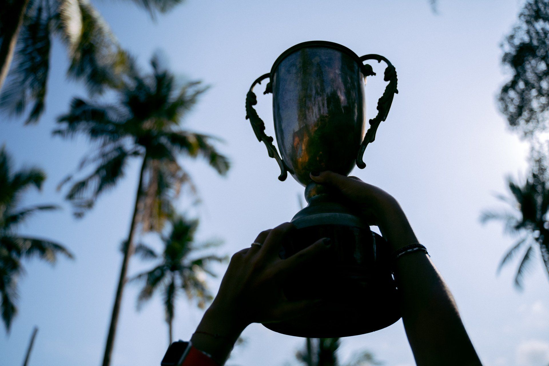 a person is holding a trophy in front of palm trees