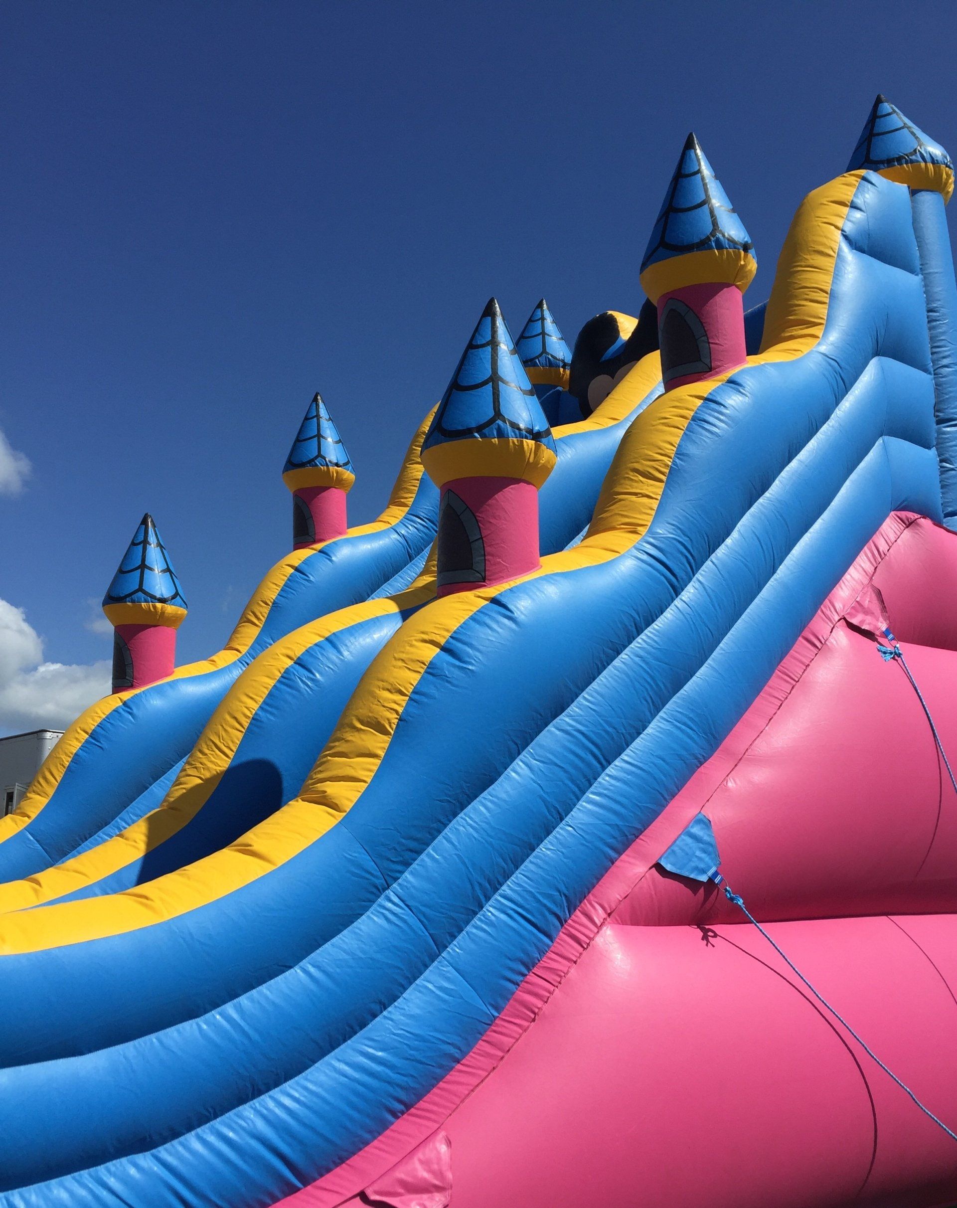 a blue and pink bouncy house with a blue sky in the background