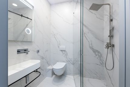 Clean modern bathroom featuring toilet and shower, ideal for toilet repair or replacement service