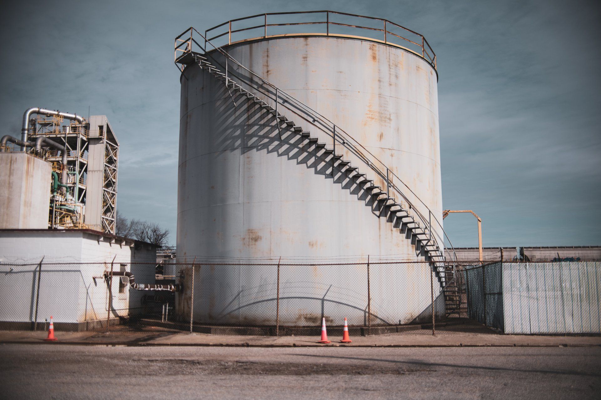 A large tank with stairs leading up to it