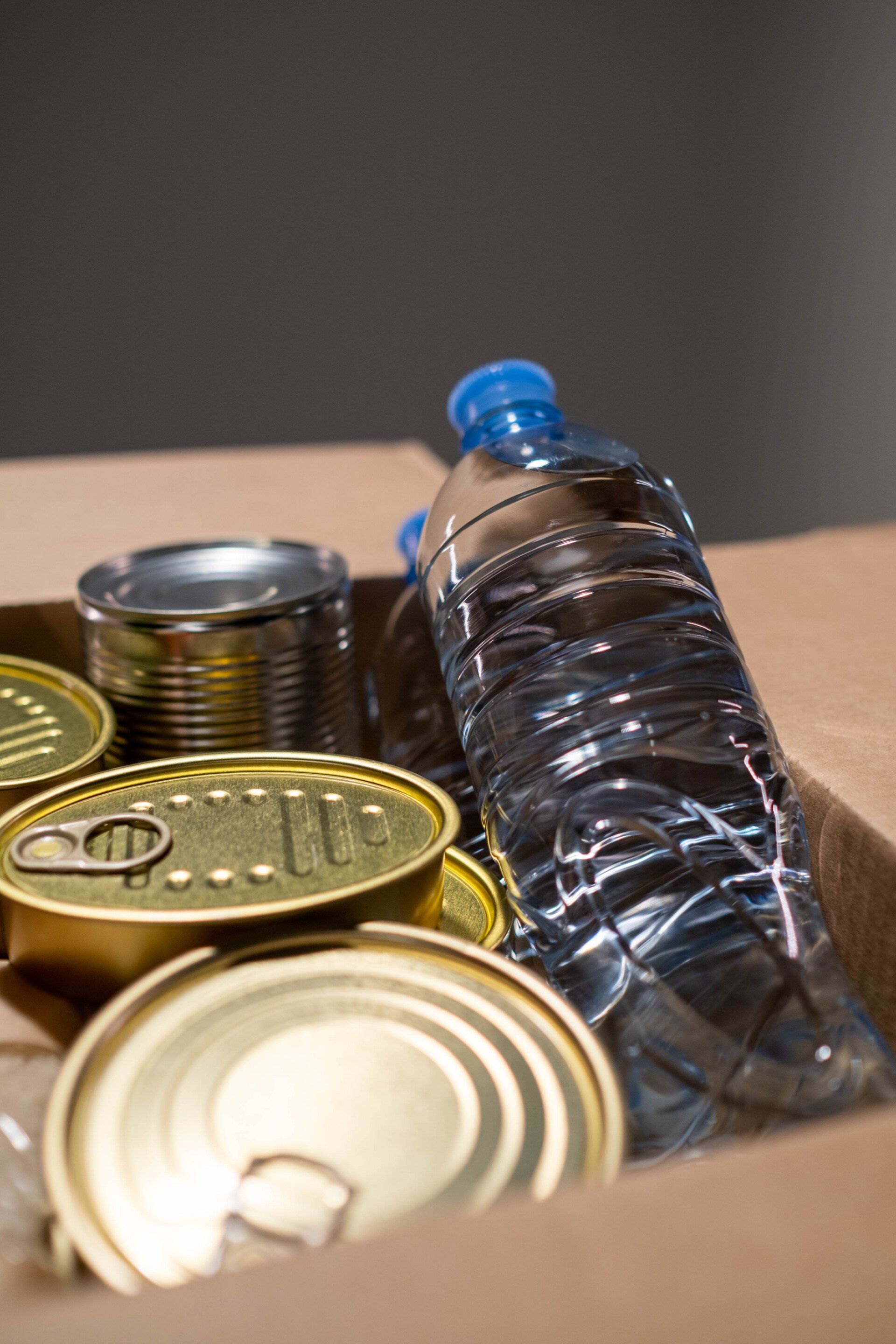 canned goods and bottle of water in a box