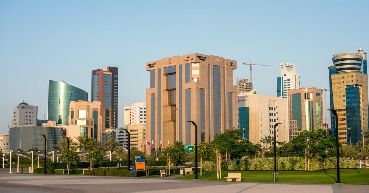 A city skyline with a park in the foreground and a blue sky in the background.