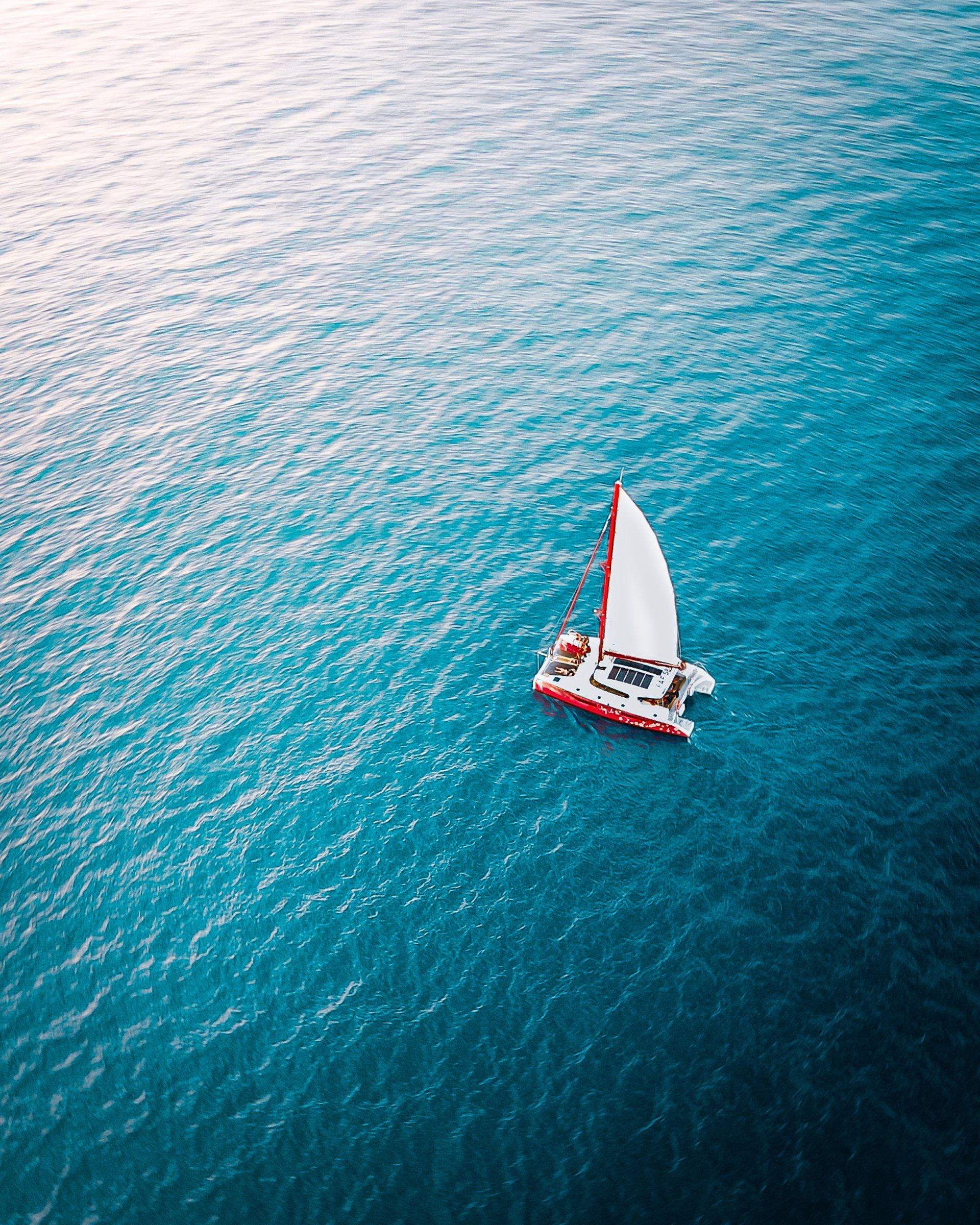 Red catamaran sailing on turquoise ocean with white sail.