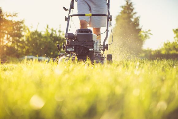 Image of a lawn mower cutting a lush lawn