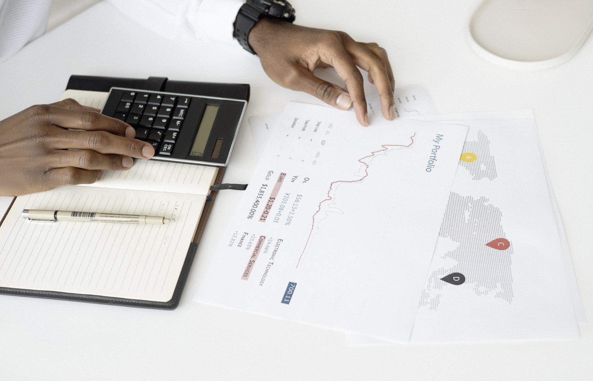 Hands analyzing financial charts with a calculator and notebook on a white desk