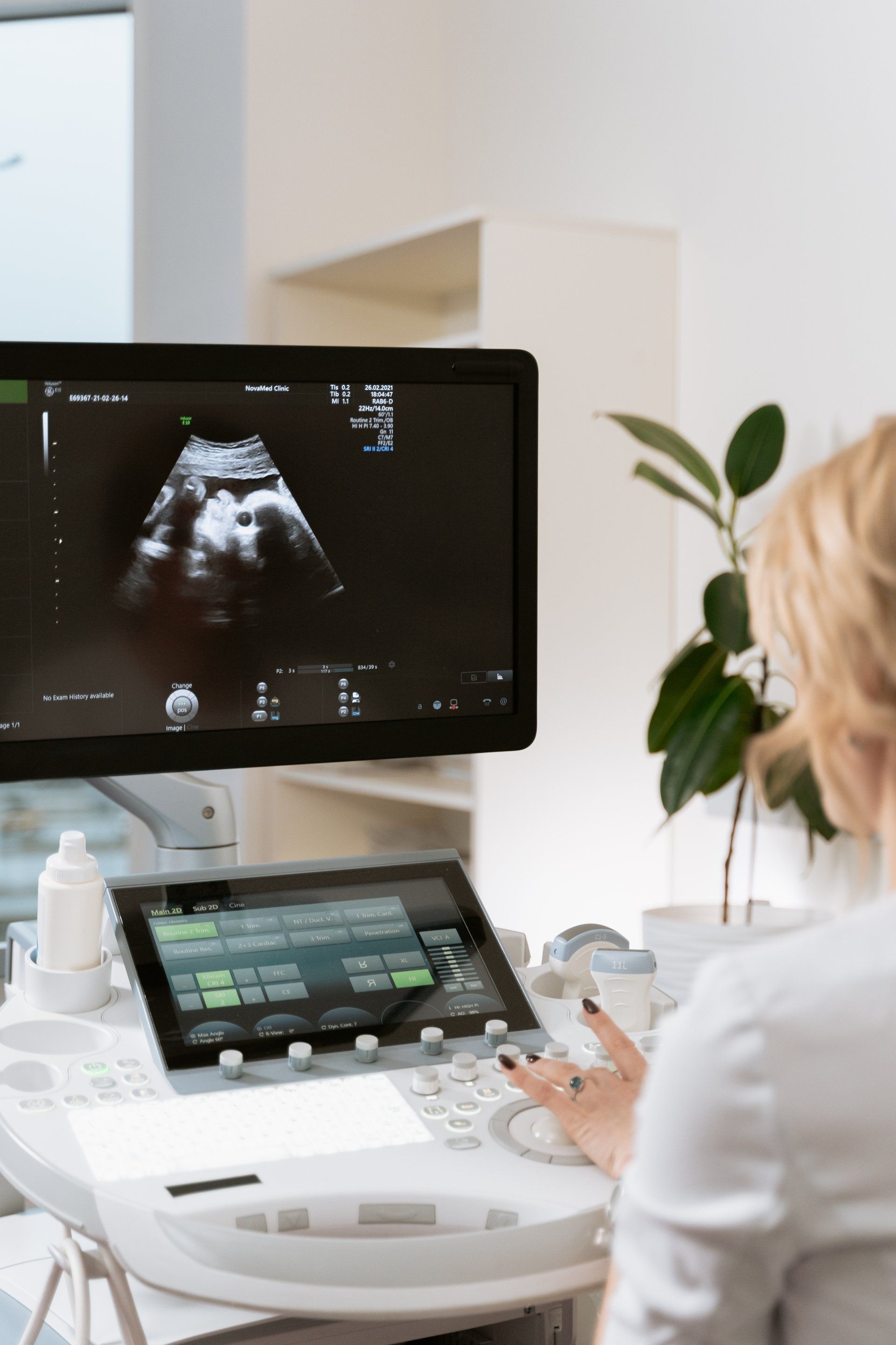 A woman is looking at an ultrasound on a computer screen.