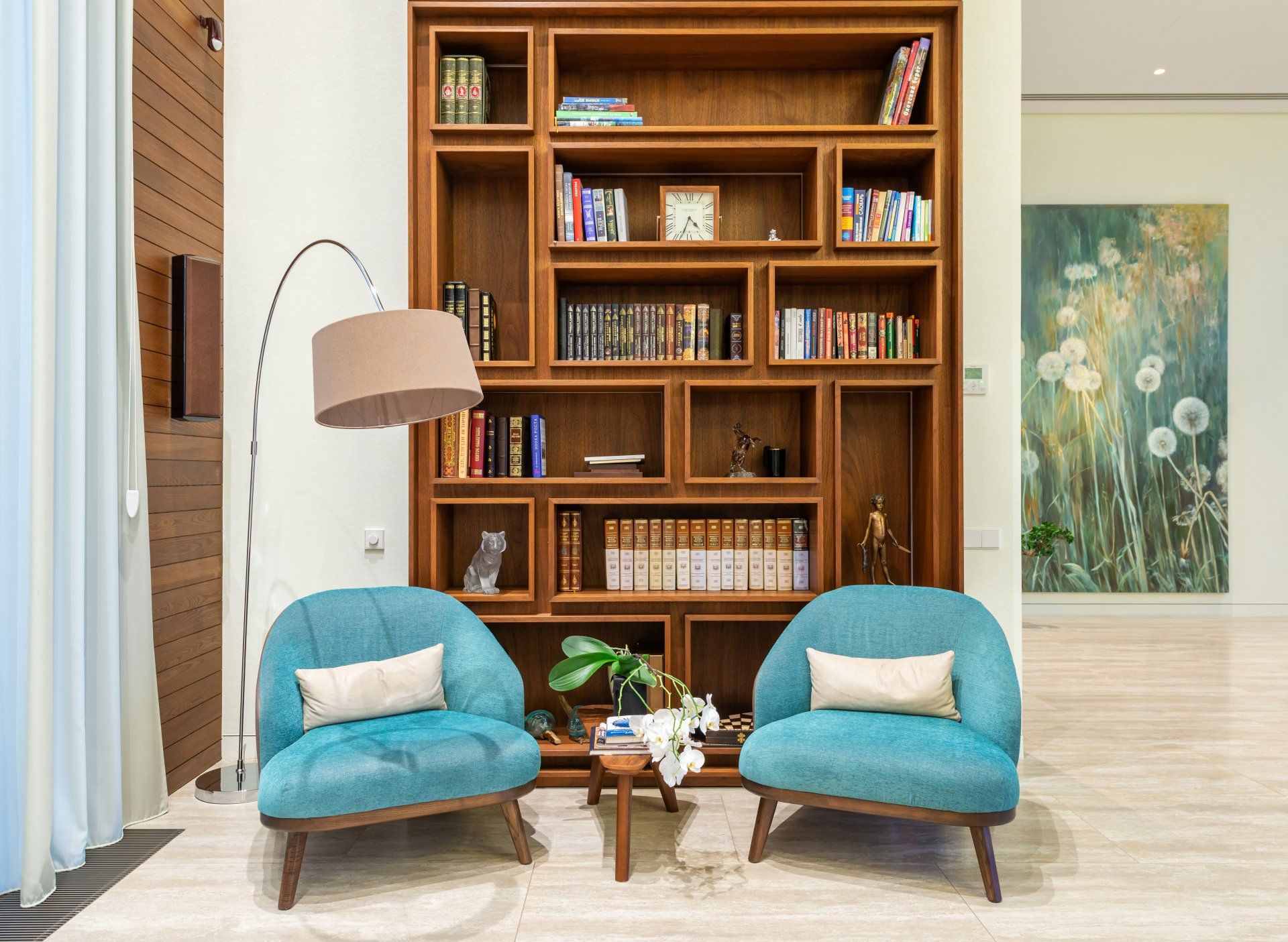 Organized home cozy living room styled bookshelf