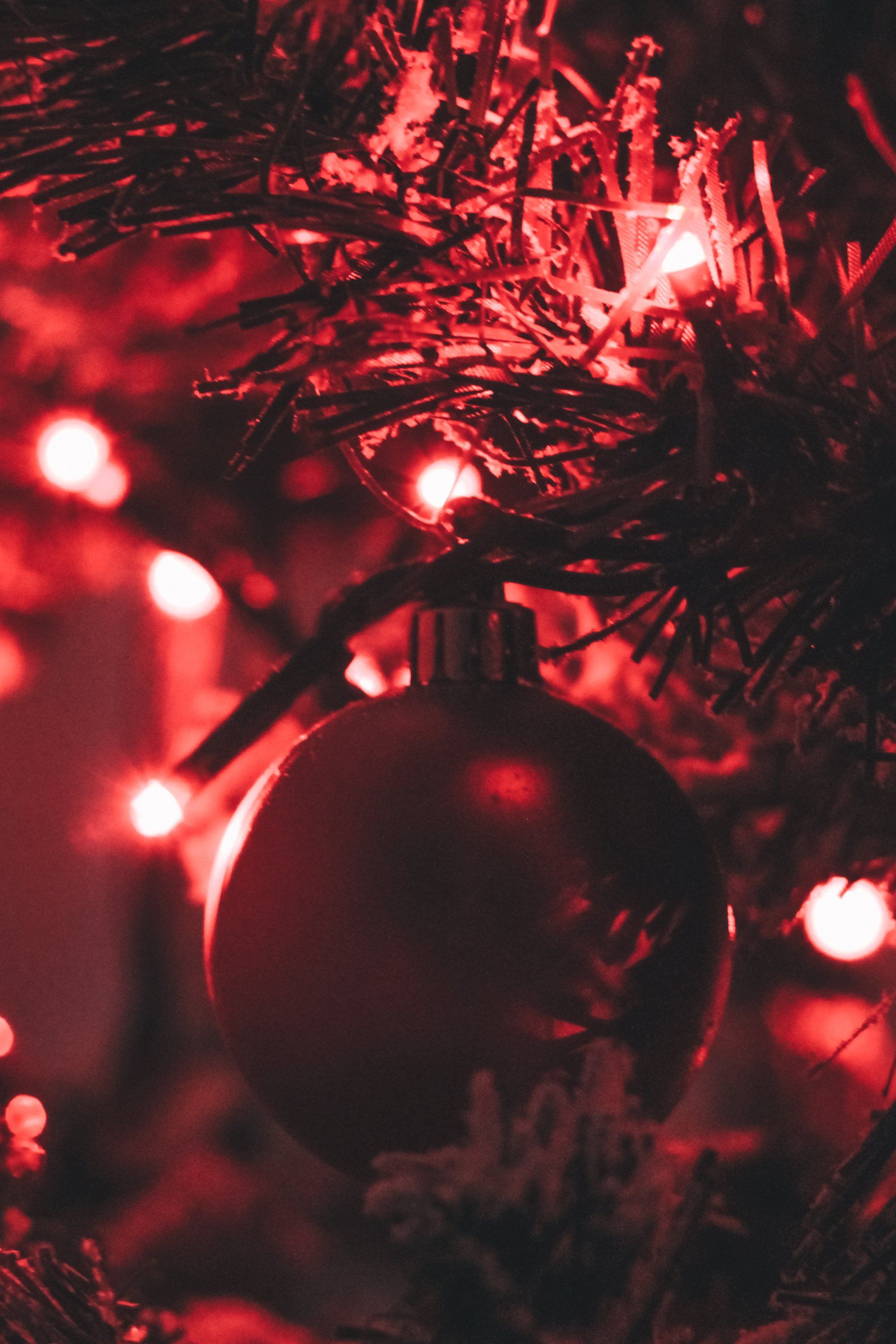 A close up of a christmas tree with red lights and a red ornament.