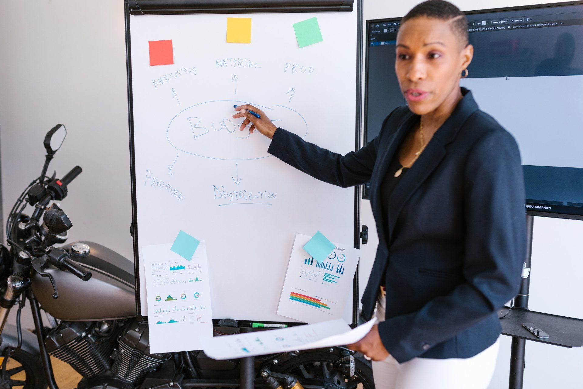 a woman from a growth marketing agency is standing in front of a whiteboard with a motorcycle in the background .