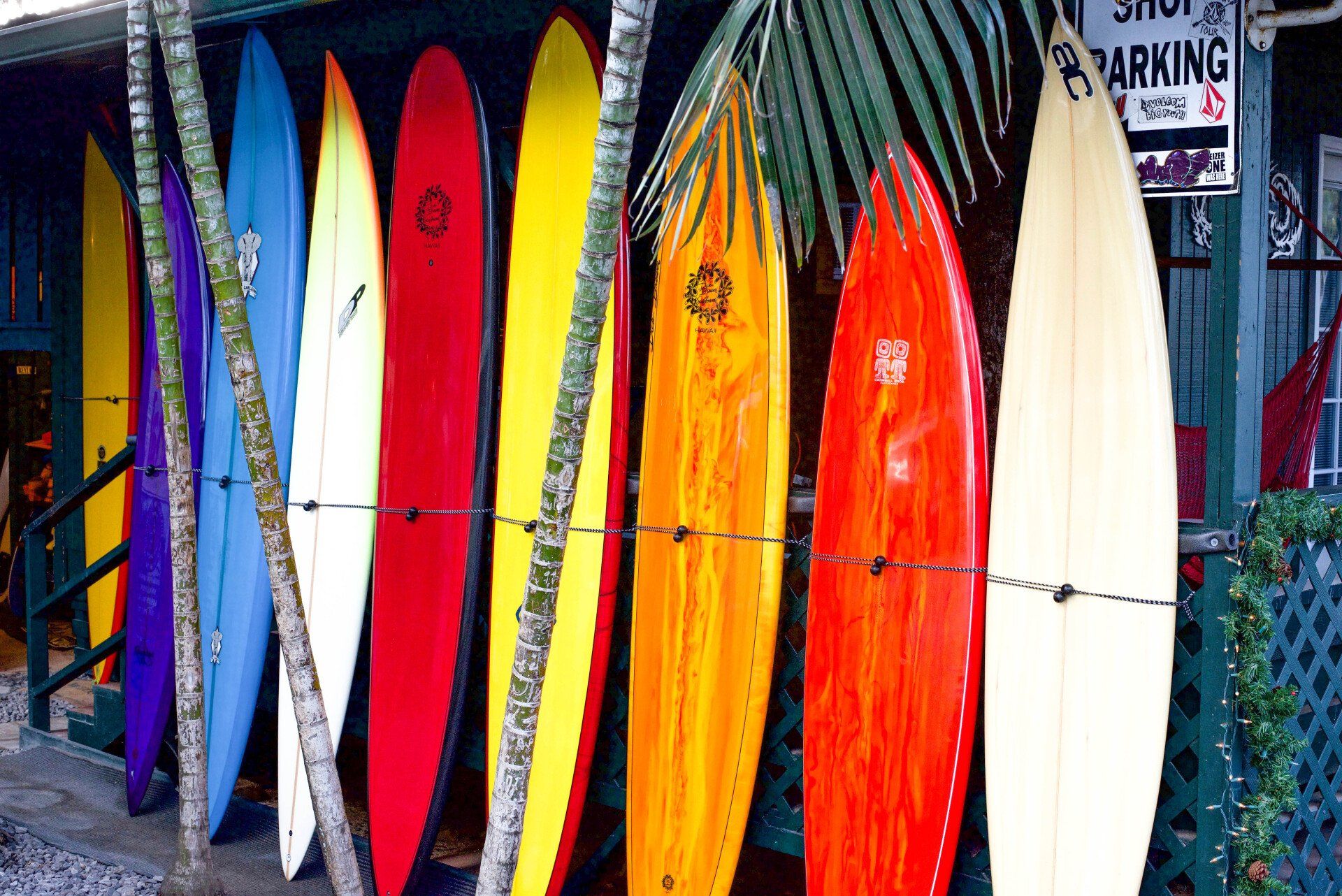 A row of colorful surfboards are lined up in front of a sign that says parking