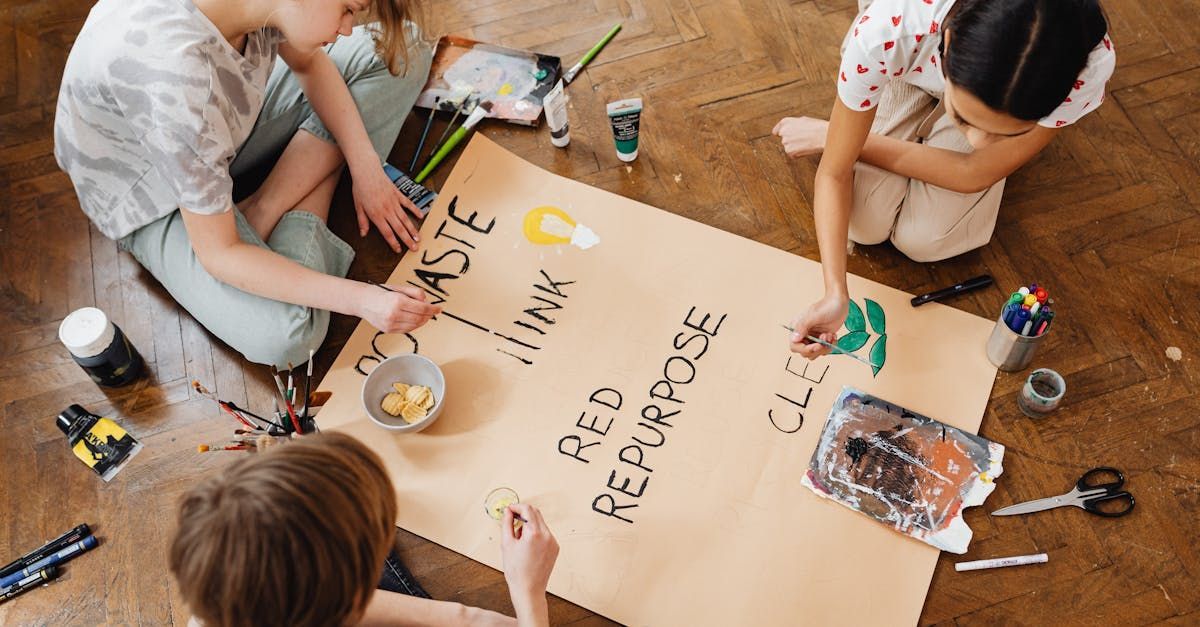 A group of children are sitting on the floor painting a sign.