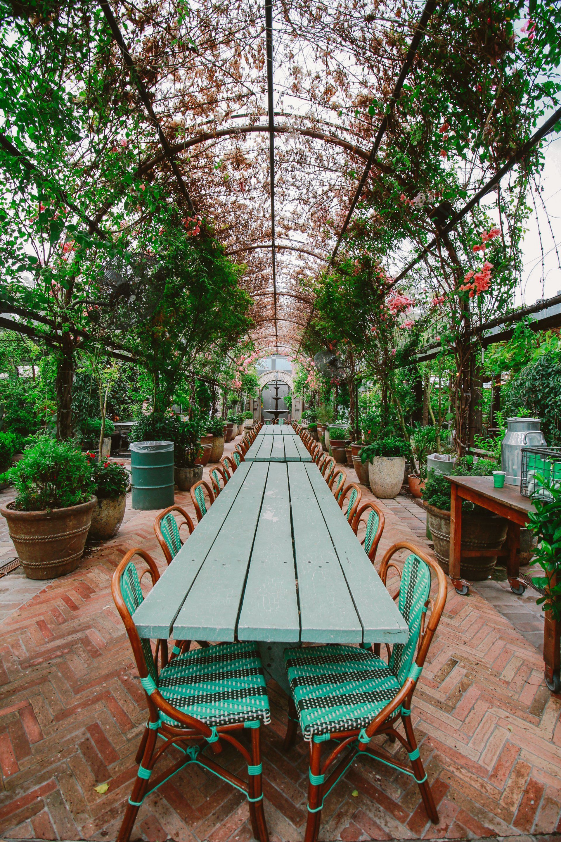 There is a long table and chairs in the middle of a greenhouse.