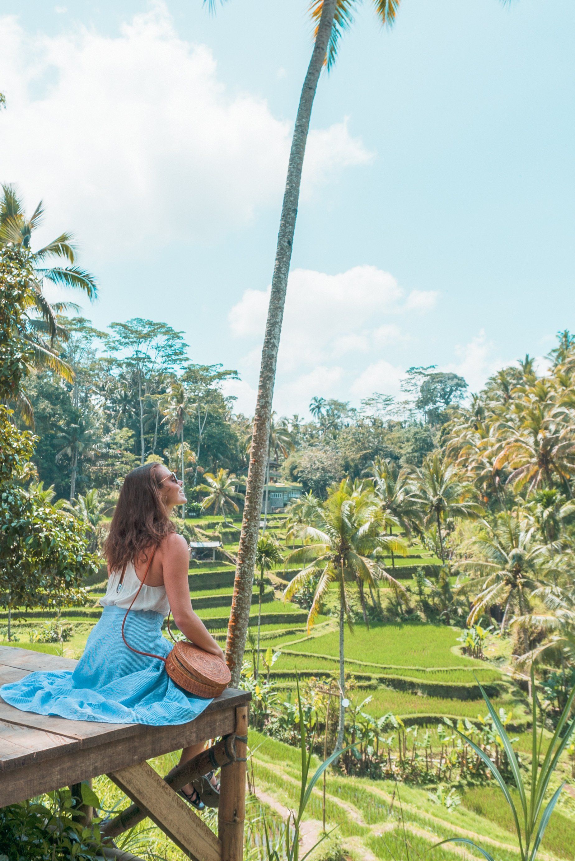 A woman is sitting on a wooden platform overlooking a lush green rice field.