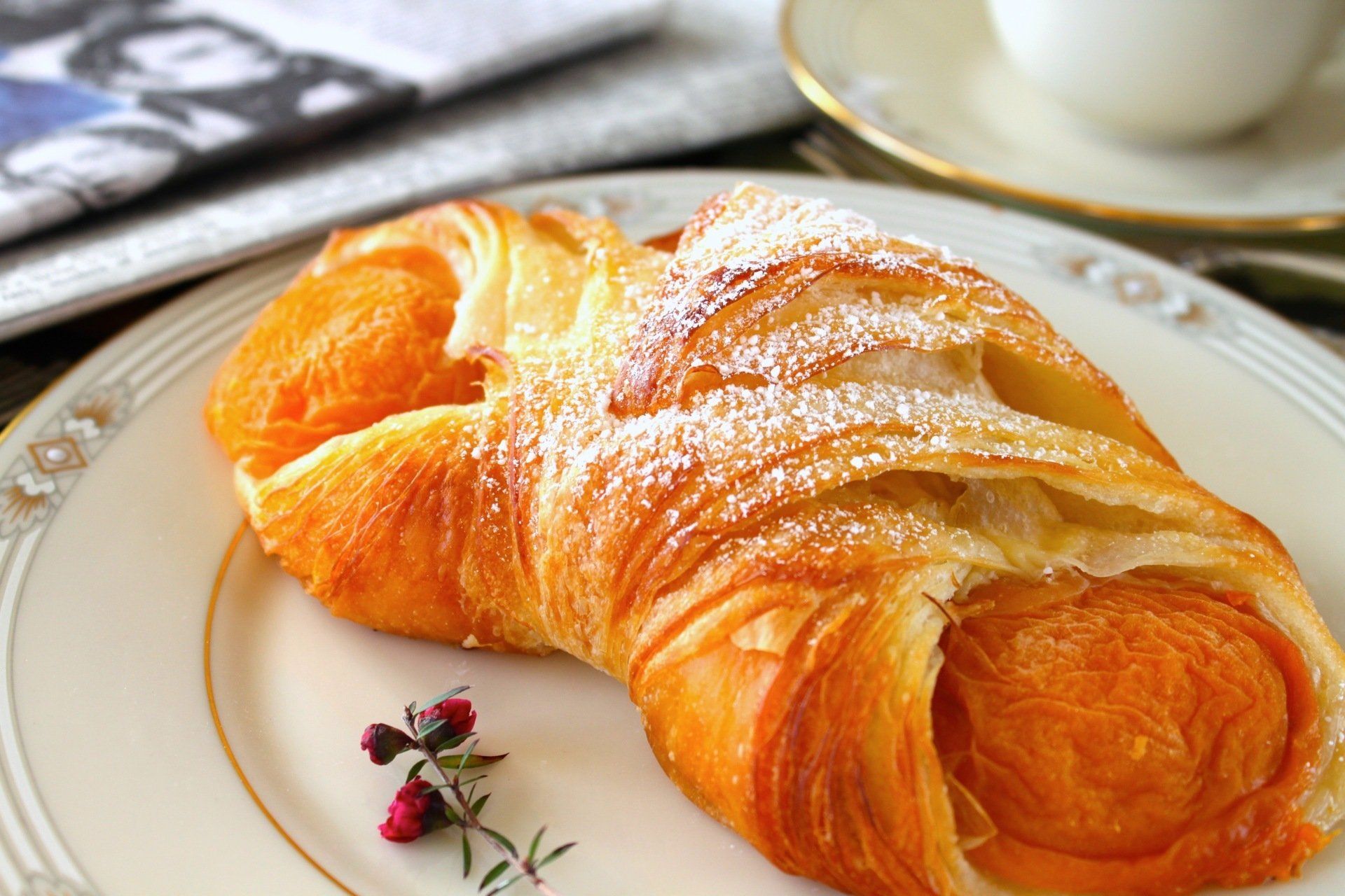 A croissant with powdered sugar on it is on a plate next to a cup of coffee.