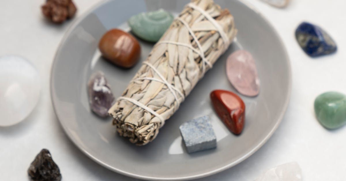 A white sage stick is sitting on a plate surrounded by crystals.