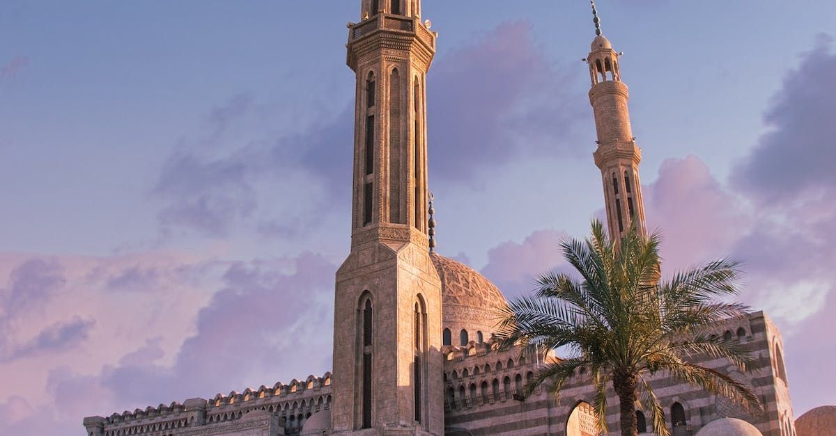 A large mosque with two minaret 's and a palm tree in front of it.