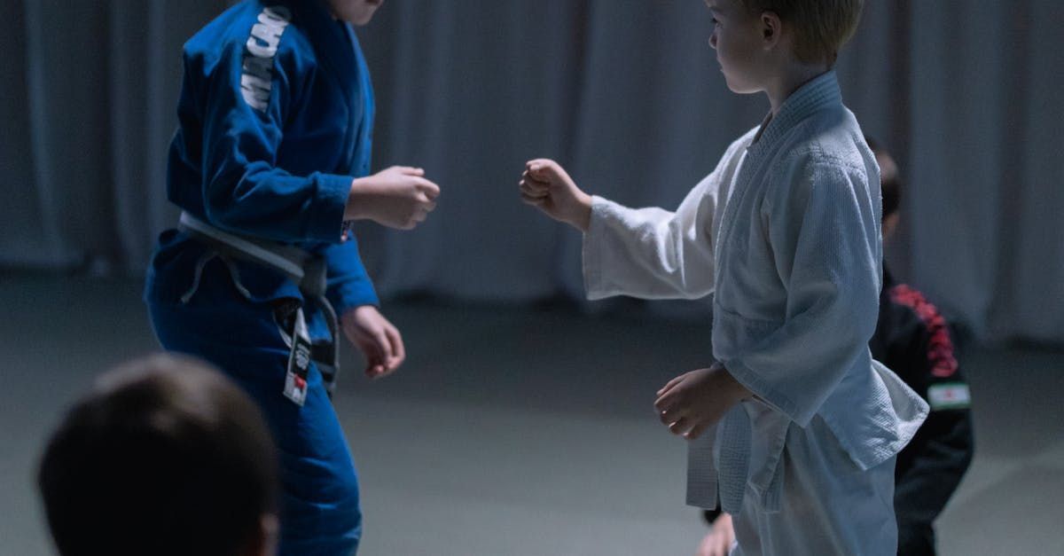 Two young boys in karate uniforms are standing next to each other in a dark room.