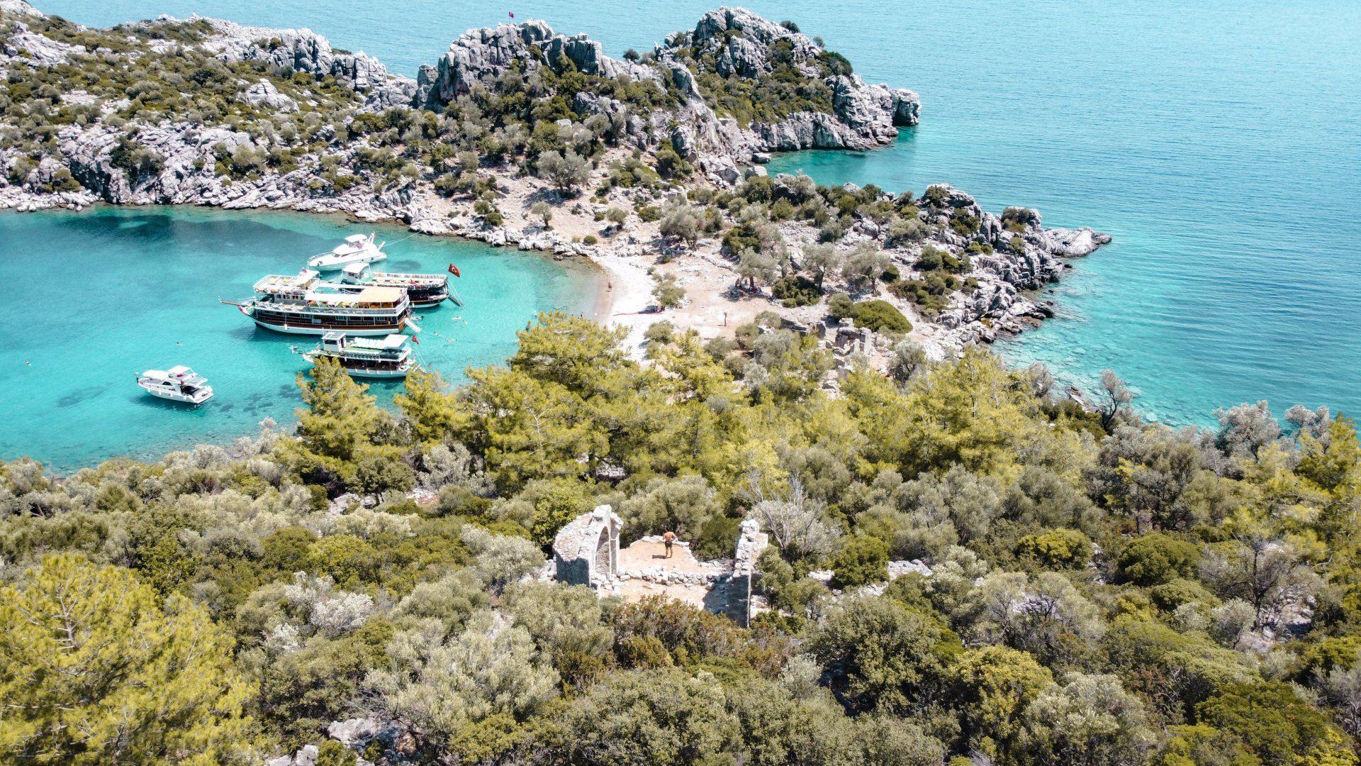 Aerial view of Gebe kilise koyu, a tourist attraction in Marmaris, Turkey.
