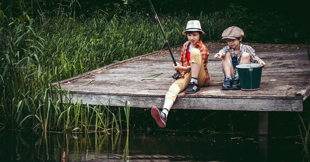 two young boys are sitting on a dock fishing .