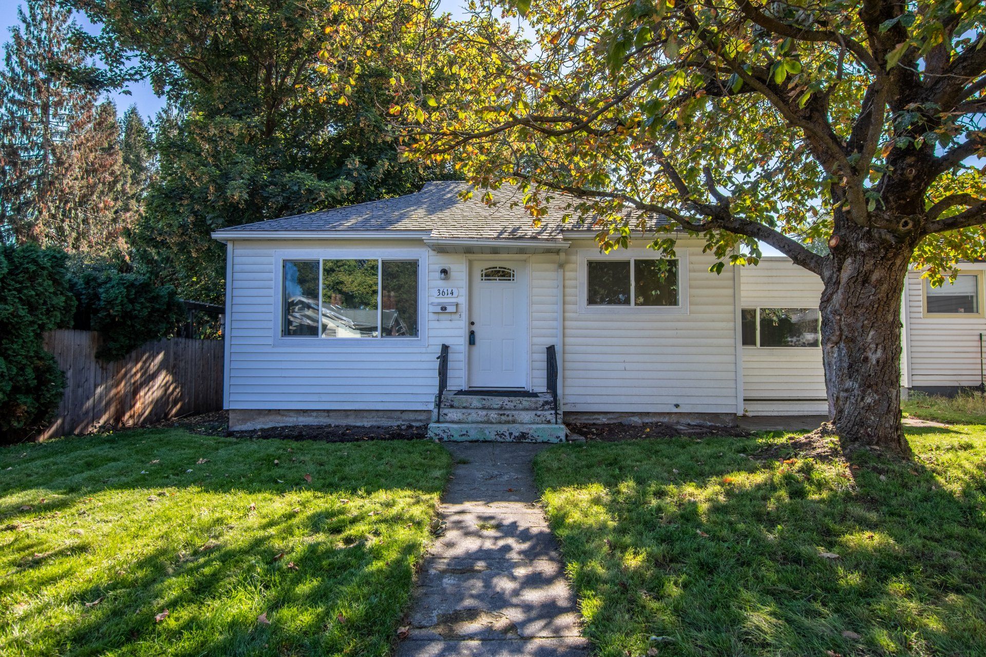 Small white house with lush green lawn