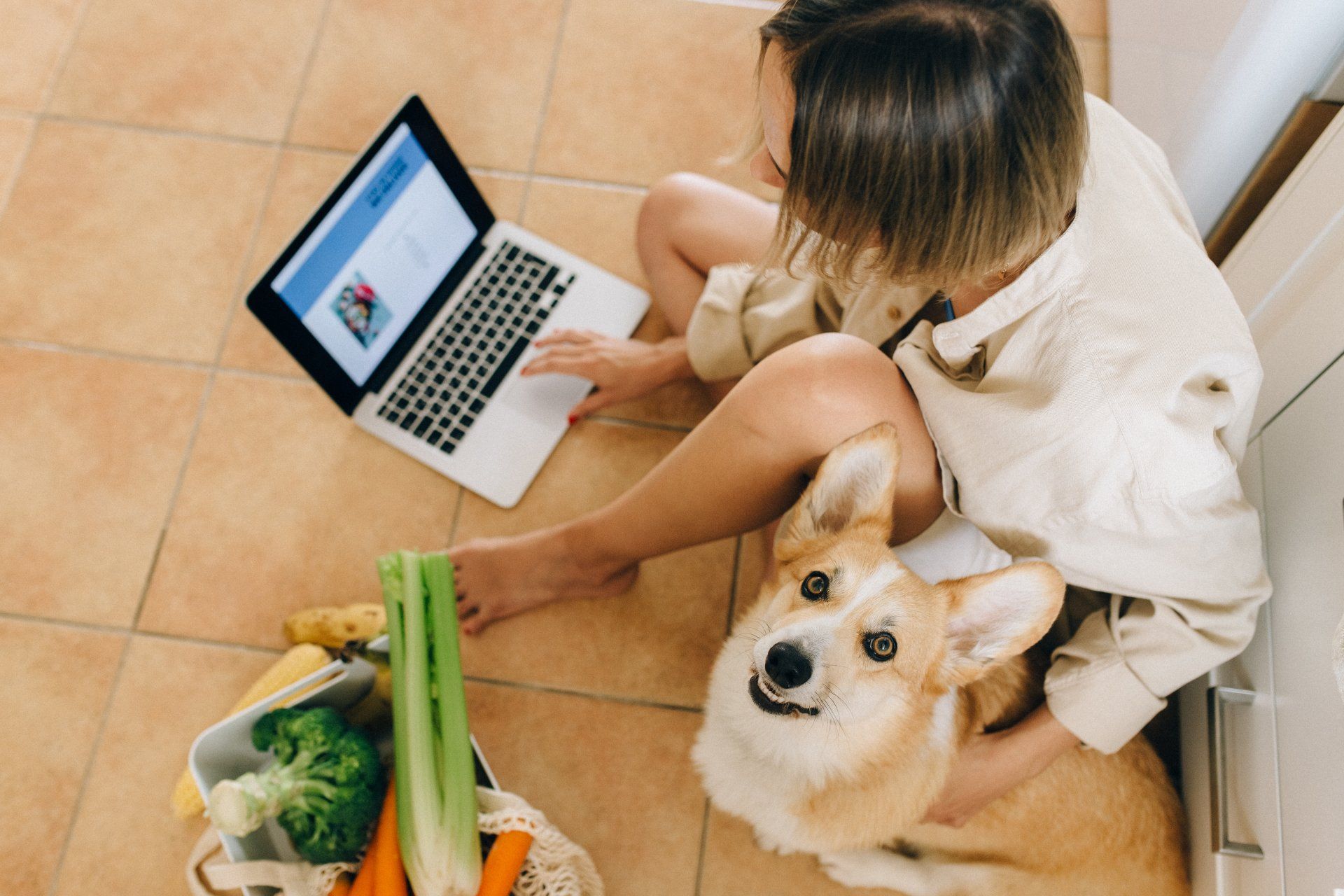 Woman looking at a pet website with her dog next to her