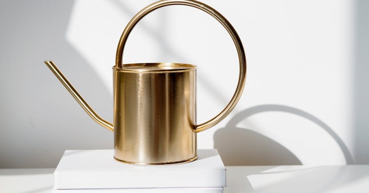 A gold watering can is sitting on top of a white box on a table.