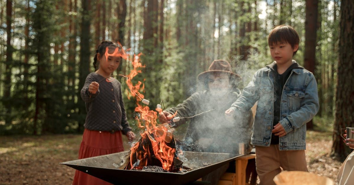 A group of children are standing around a fire pit in the woods.
