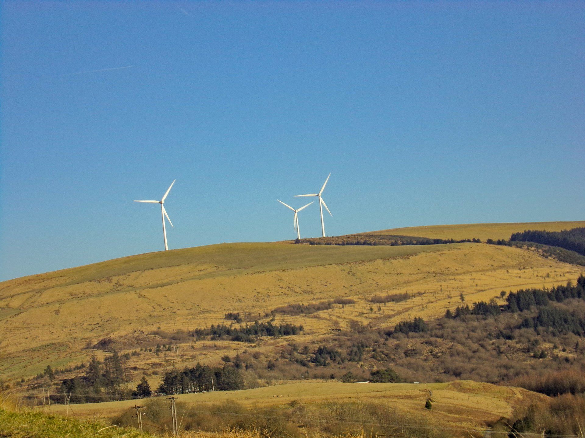 Three wind turbines are sitting on top of a hill