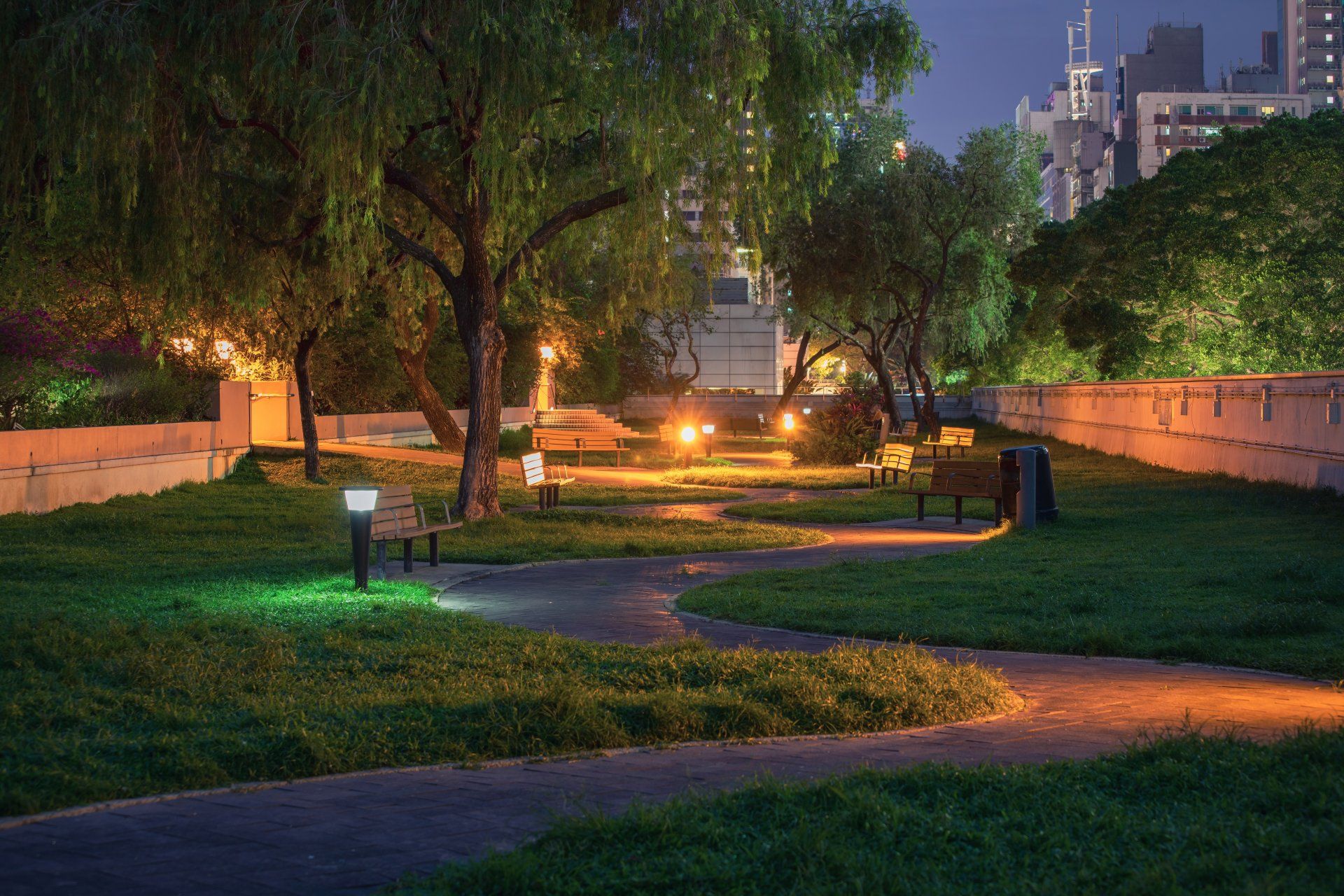 lighted garden at night