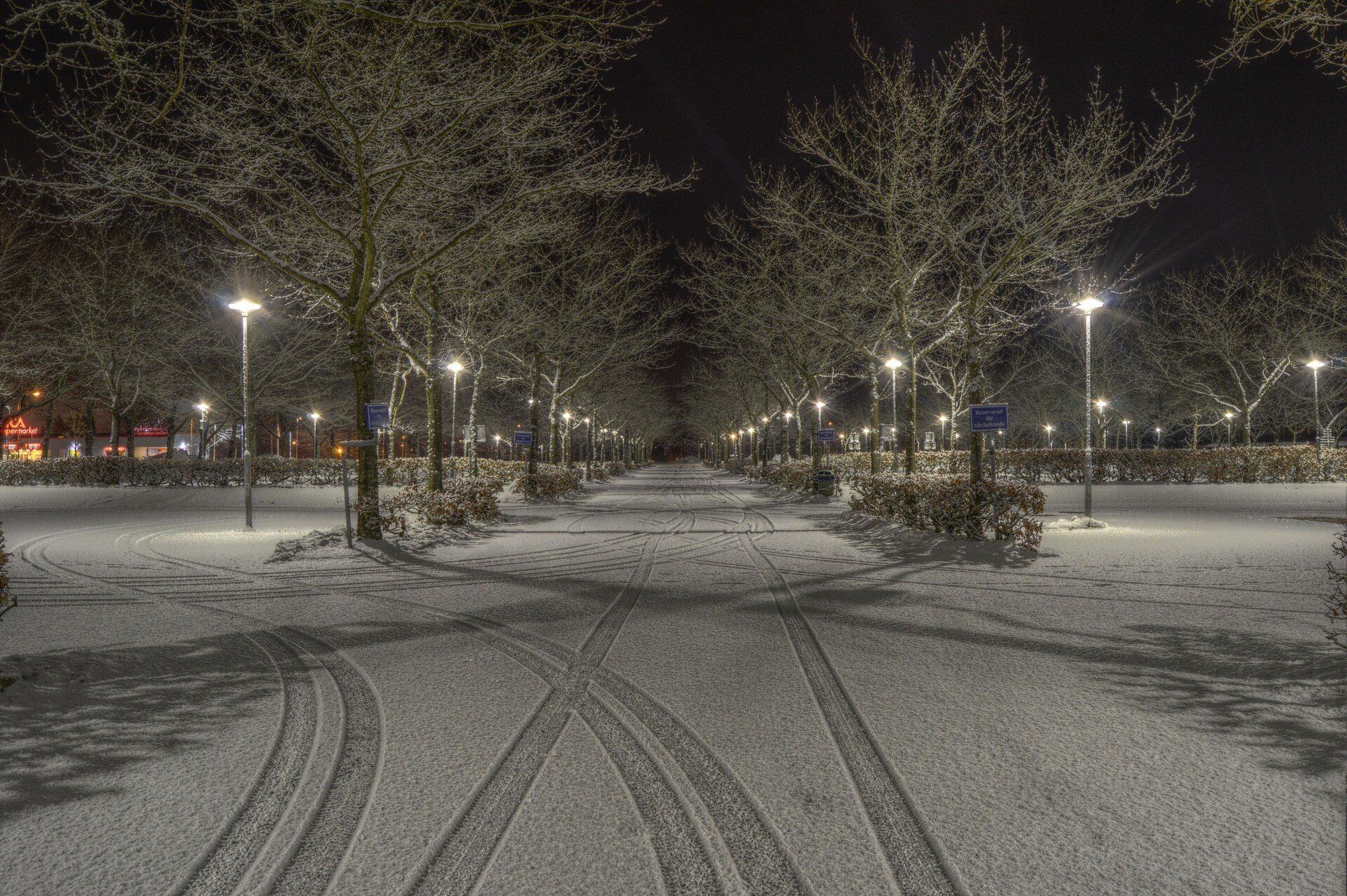 parking lot with light snow on trees, lights, and road