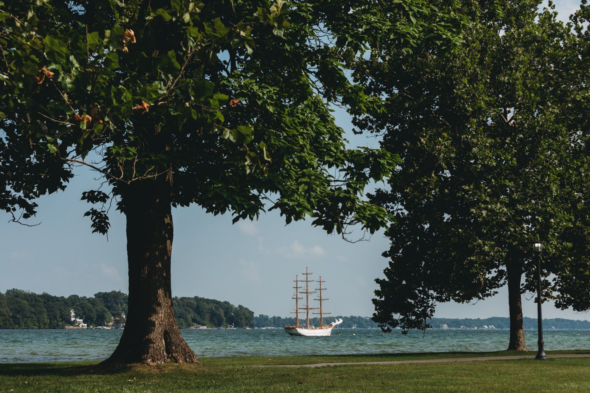a view of the lake from the grassy shore