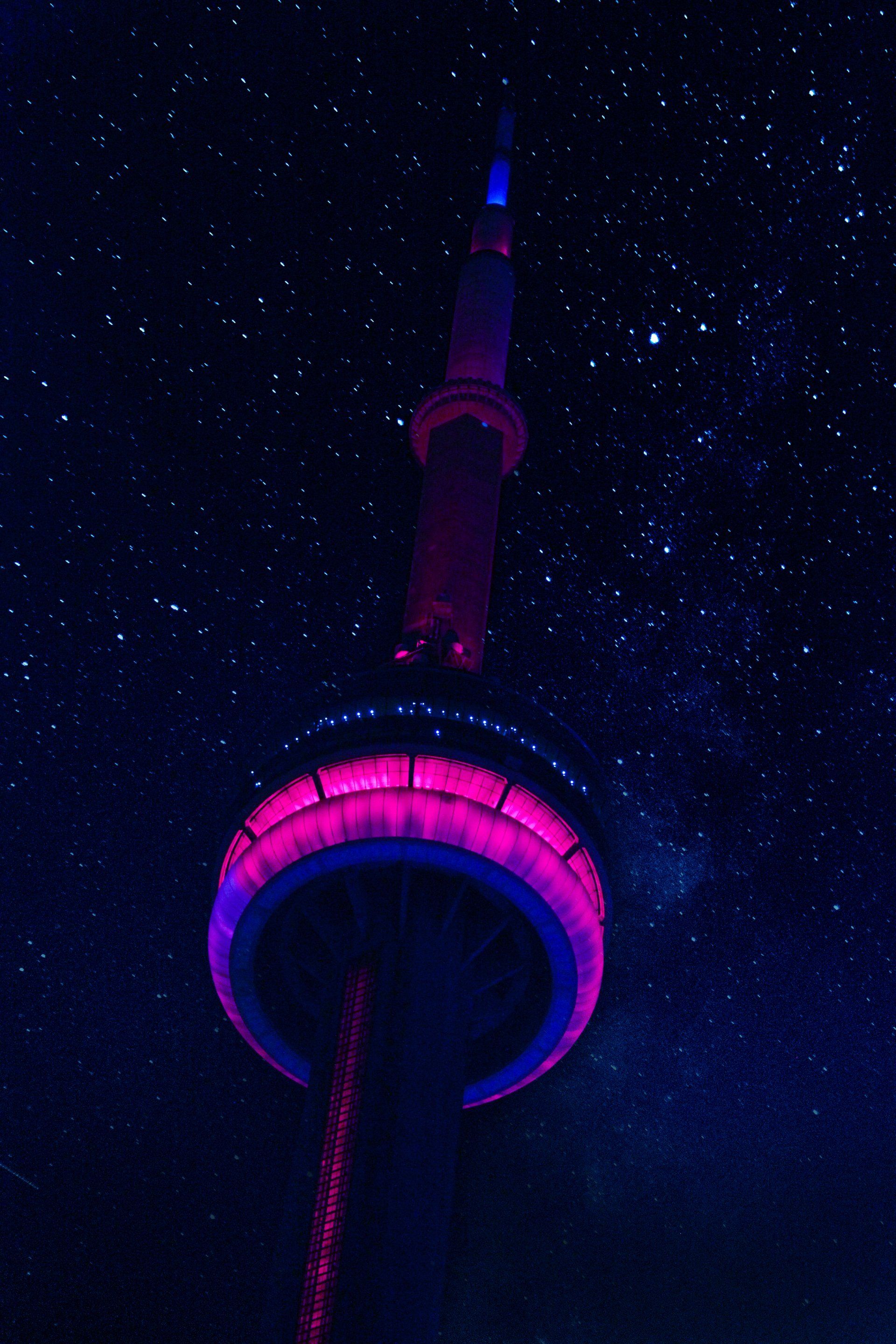 The Toronto cn tower is lit up in pink and blue against a starry night sky.