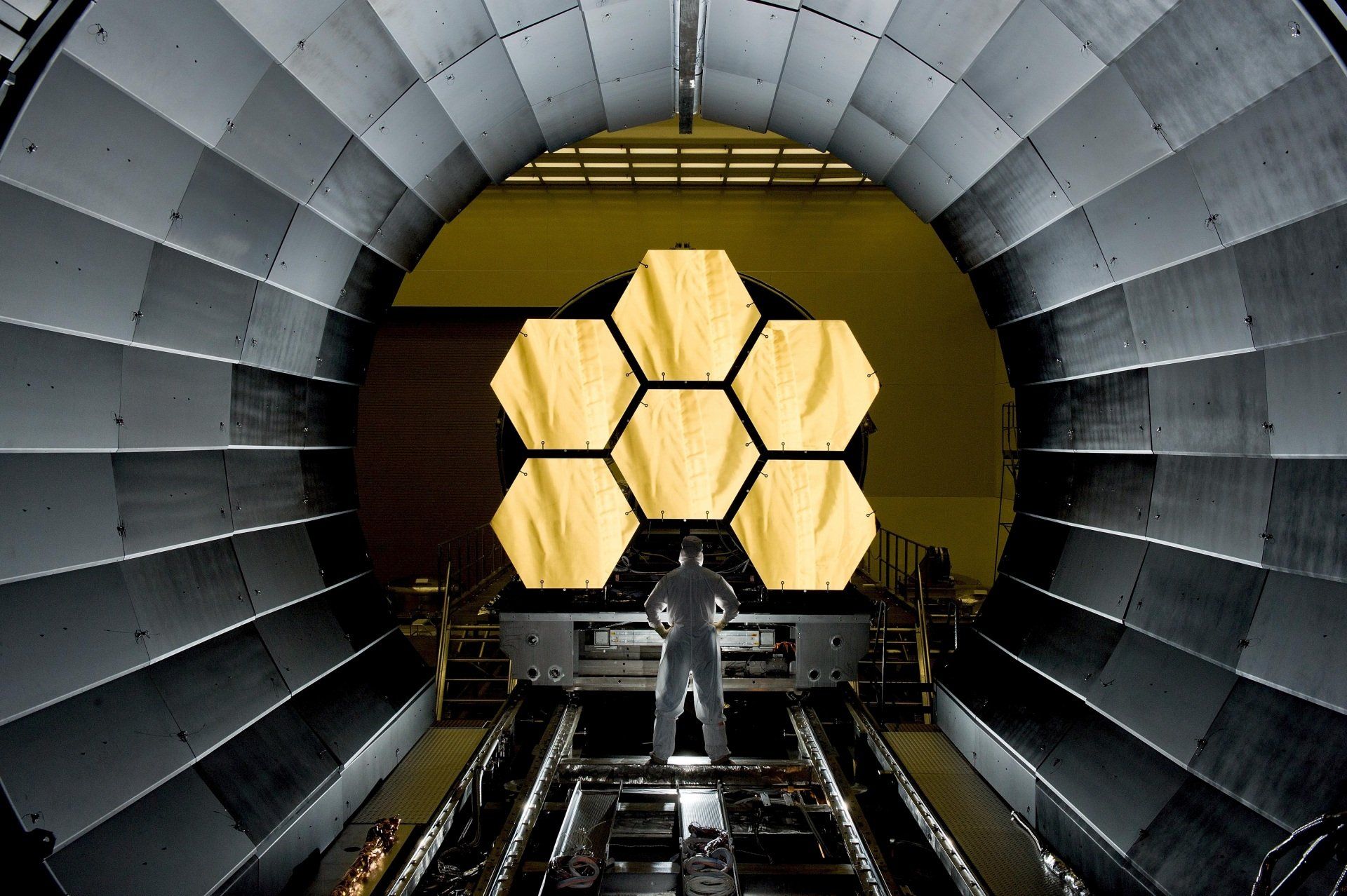 A man stands in front of a large honeycomb shaped object