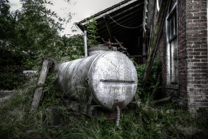 A very old propane tank, rusting & covered in moss and ivy plants