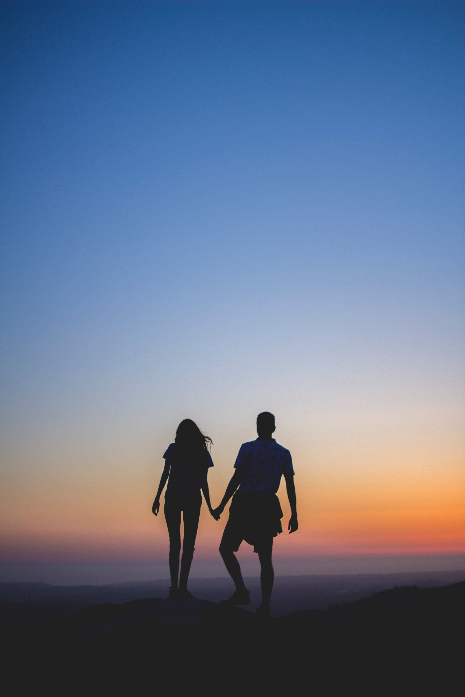 A man and a woman are holding hands while standing on top of a hill at sunset.