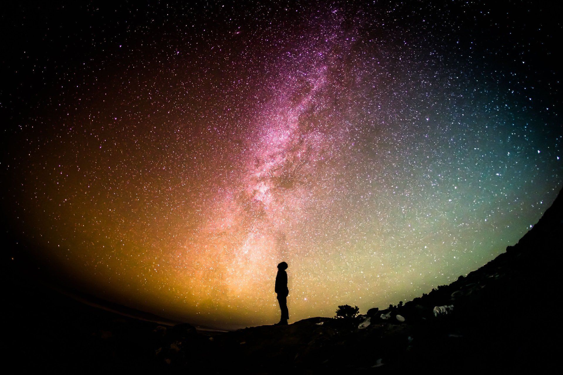 A person is standing under a starry sky looking at the milky way.