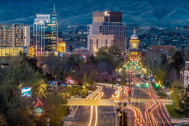 An aerial view of Boise, Idaho at night.