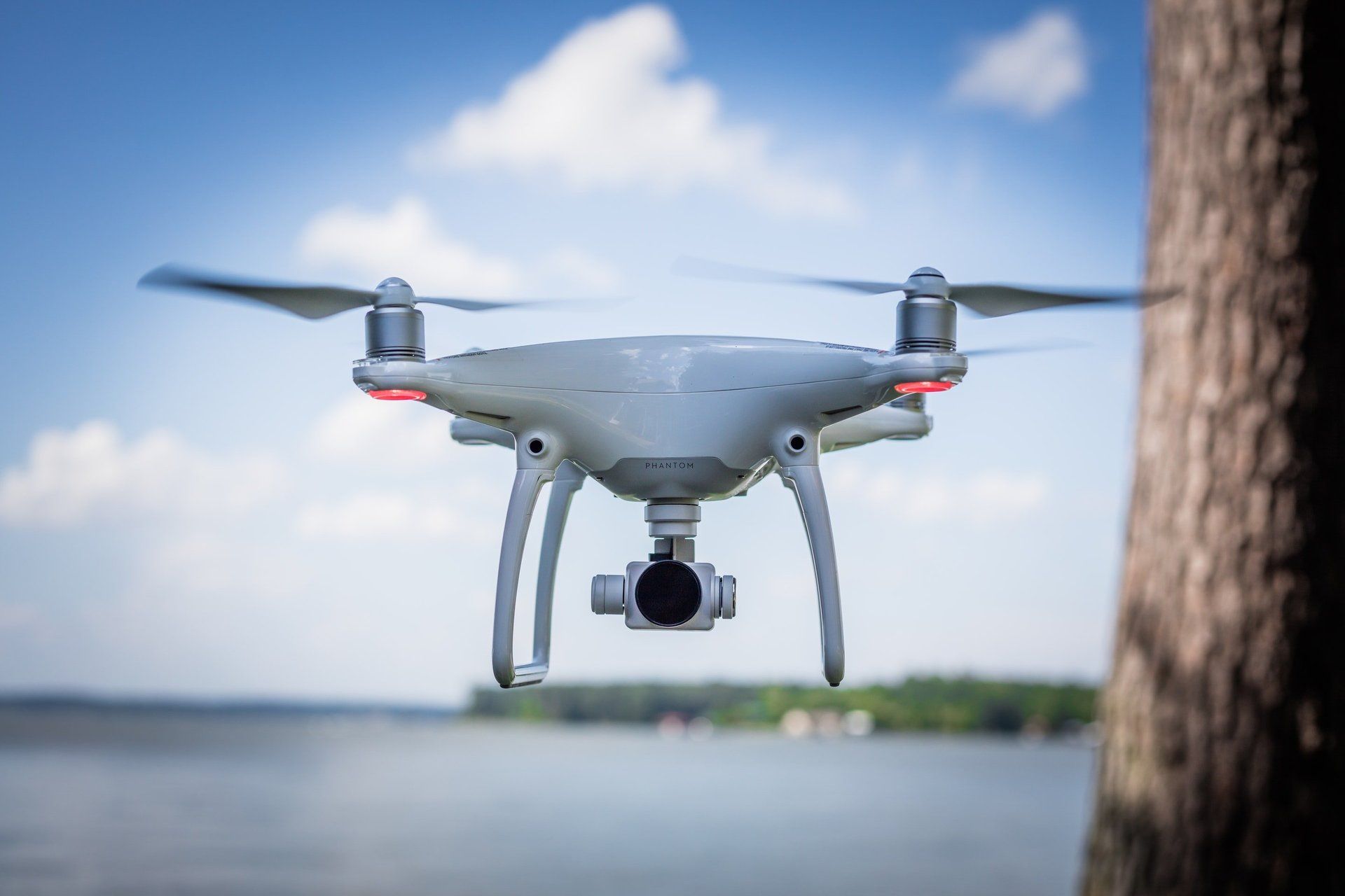 A drone is flying over a body of water next to a tree.