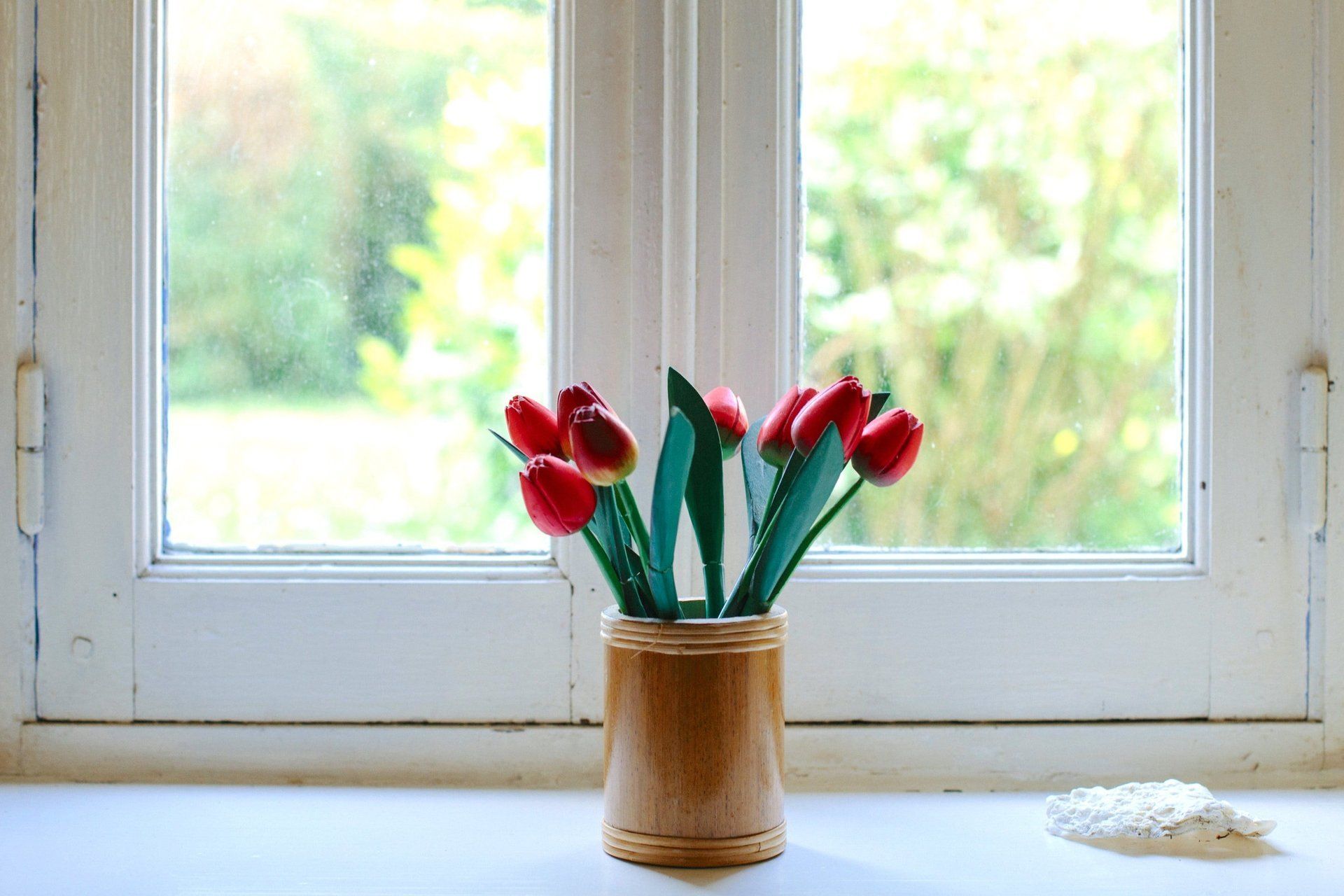 Red tulips in a vase in front of French windows in a Vermont home during spring