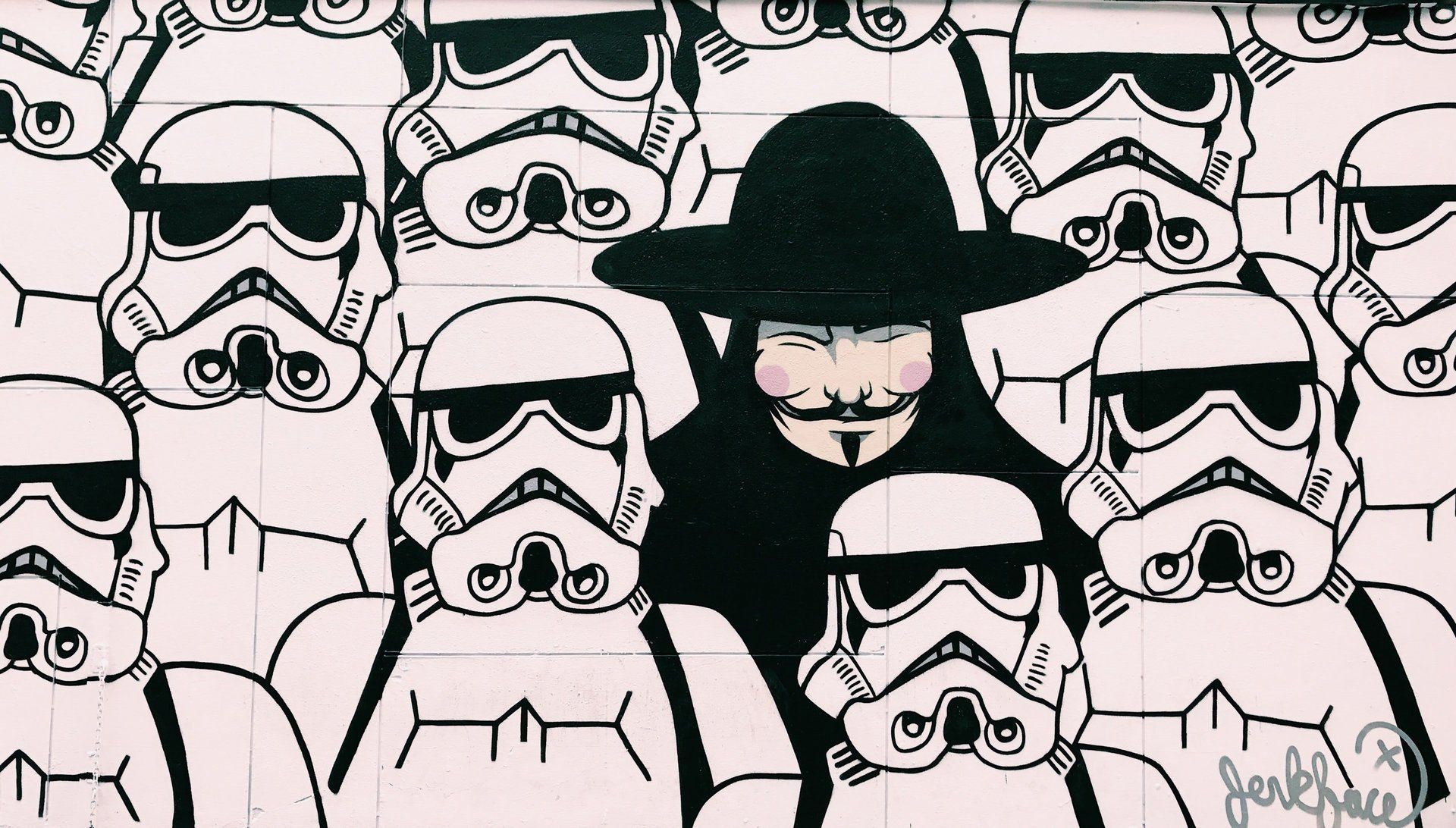 a black and white drawing of stormtroopers and a man in a hat