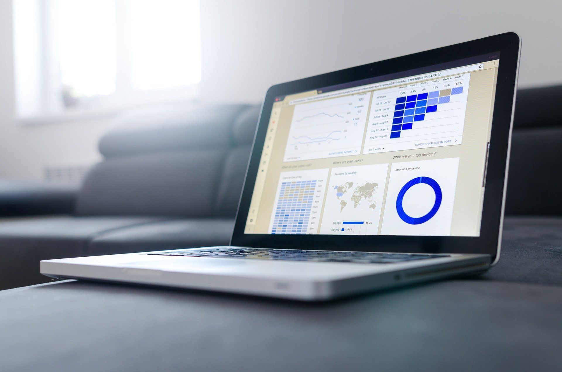 A laptop computer is sitting on a table with graphs on the screen.