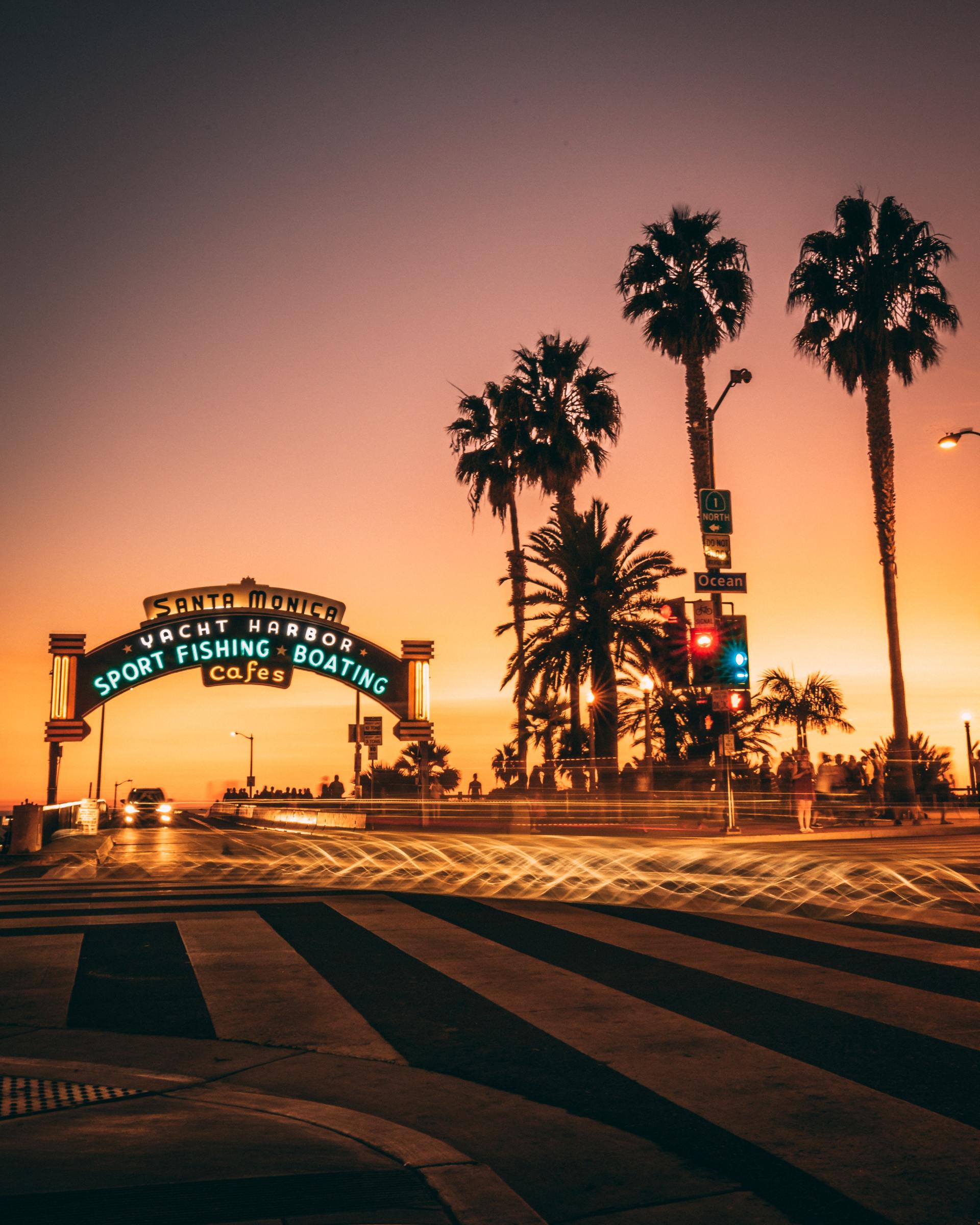 A sunset with palm trees and a sign that says sport fishing boating