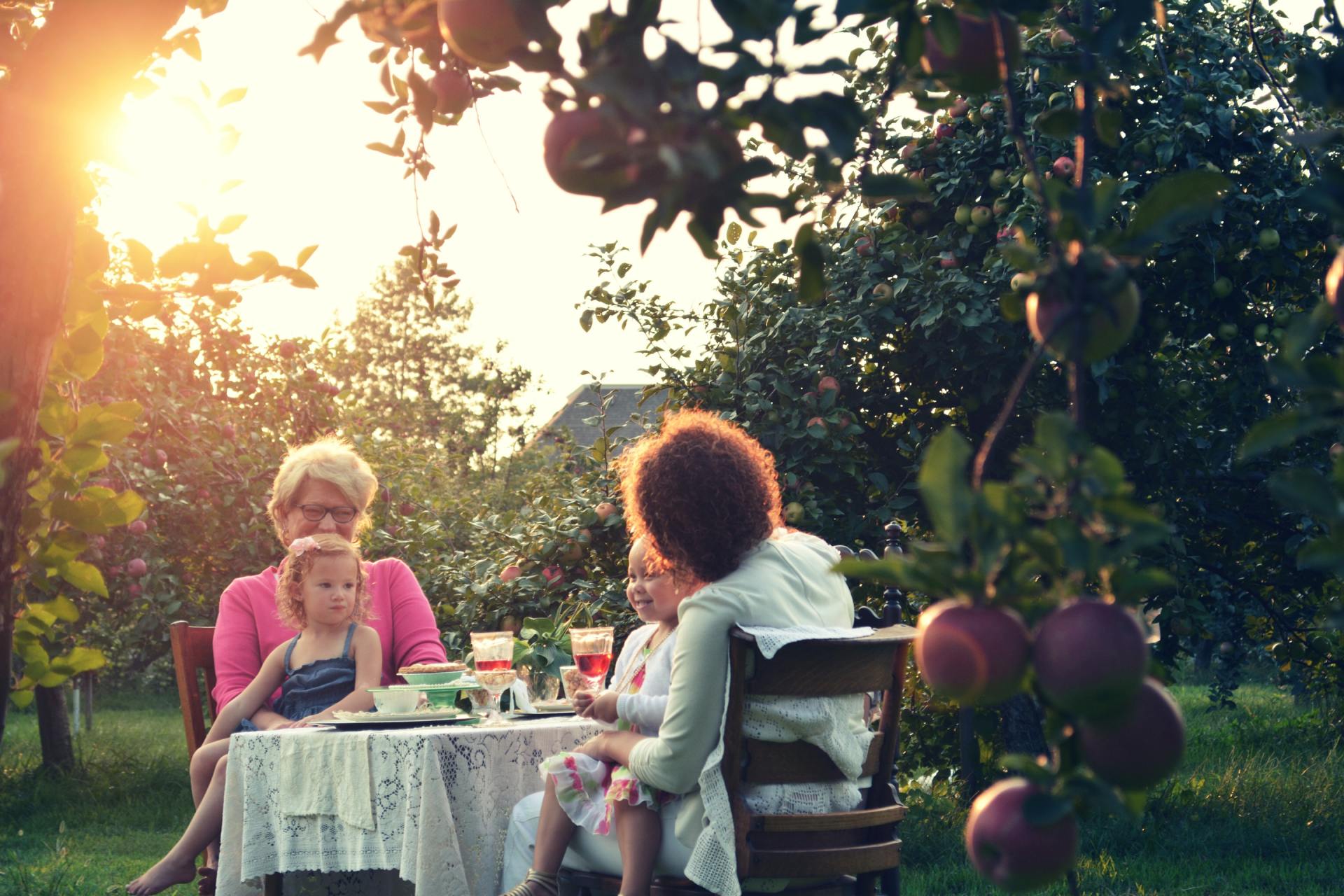 A group of people are sitting at a table in a garden.