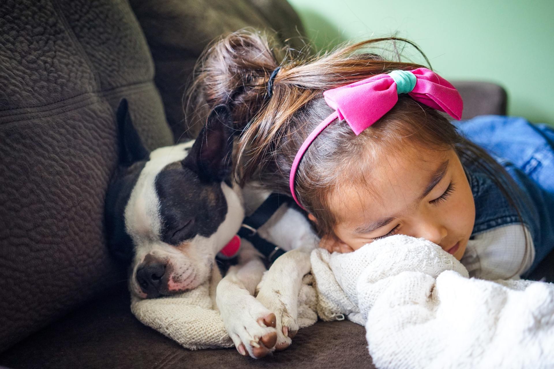 Child sleeping with a dog