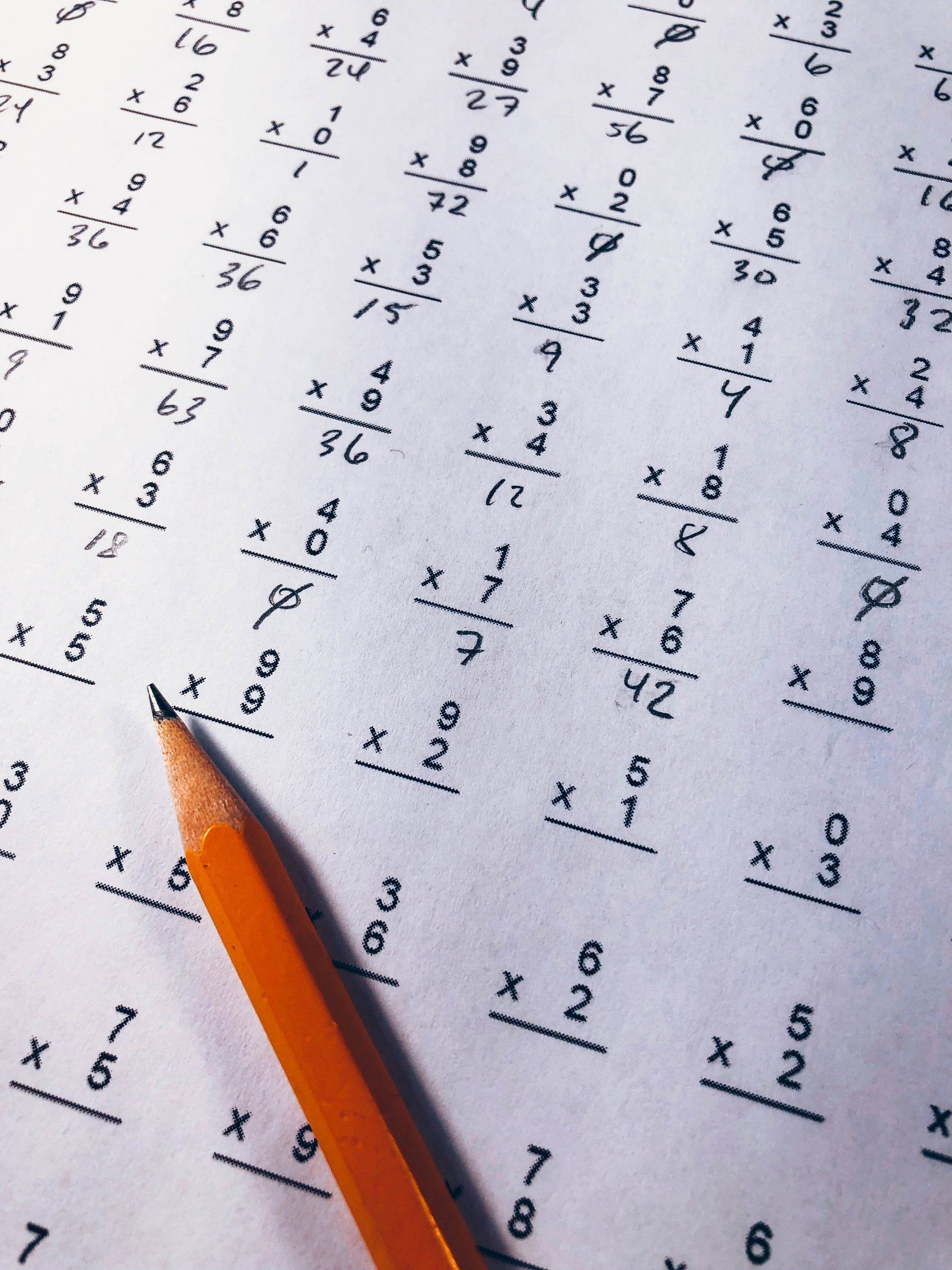 Close up of a page of multiplication and a pencil