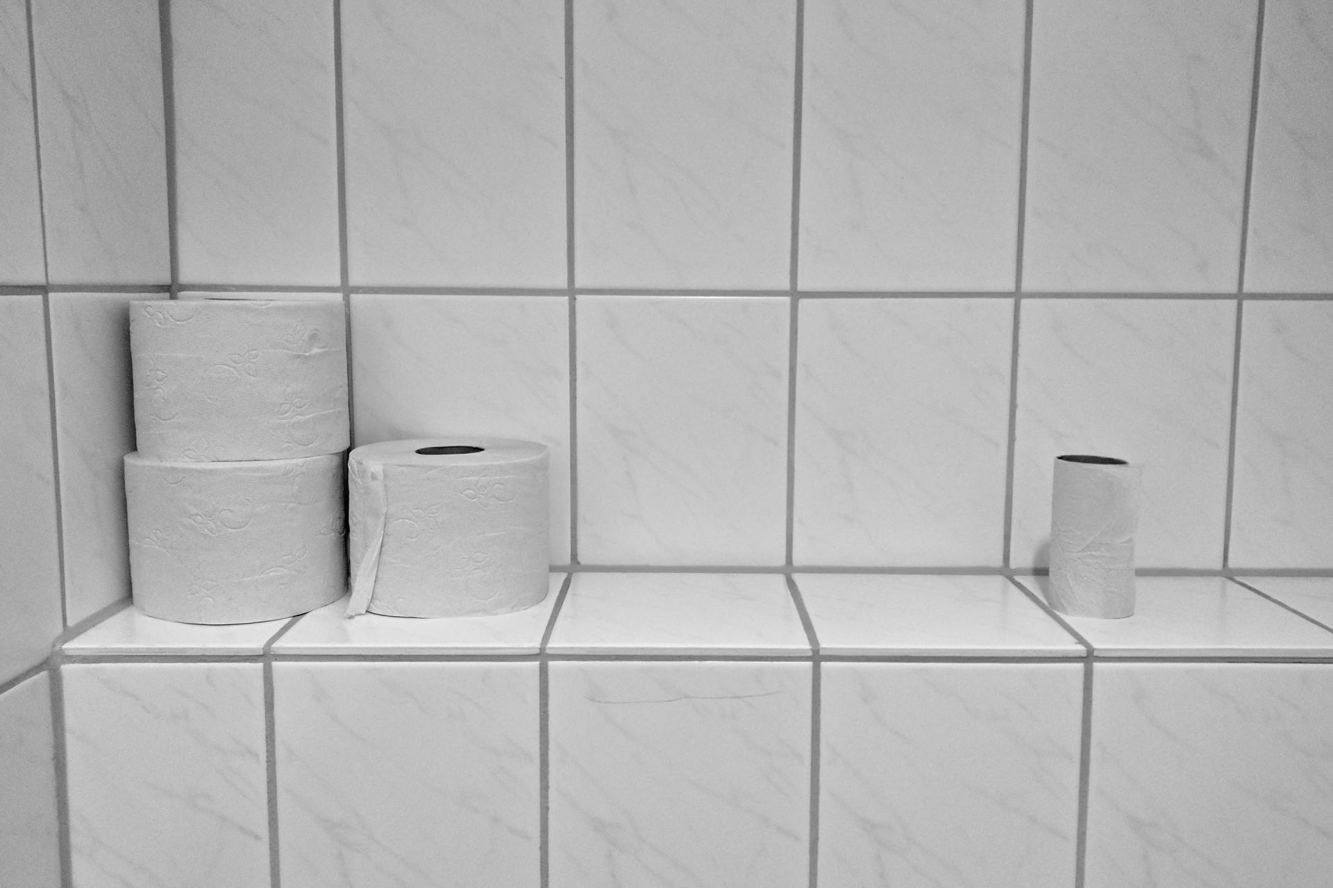 Three rolls of toilet paper are sitting on a shelf in a bathroom.