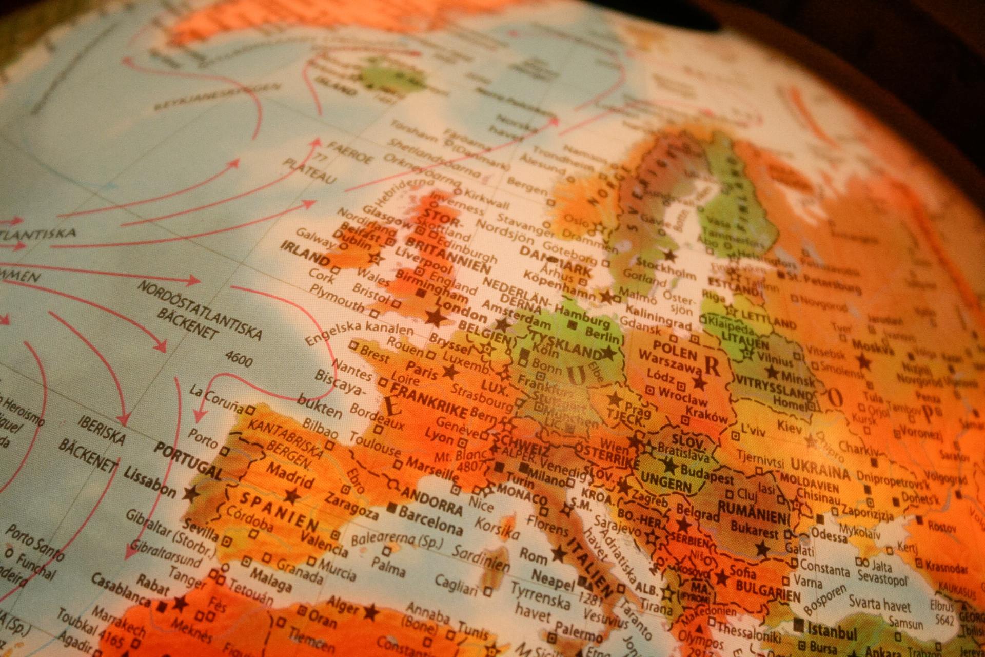 A close up of a map of europe on a globe