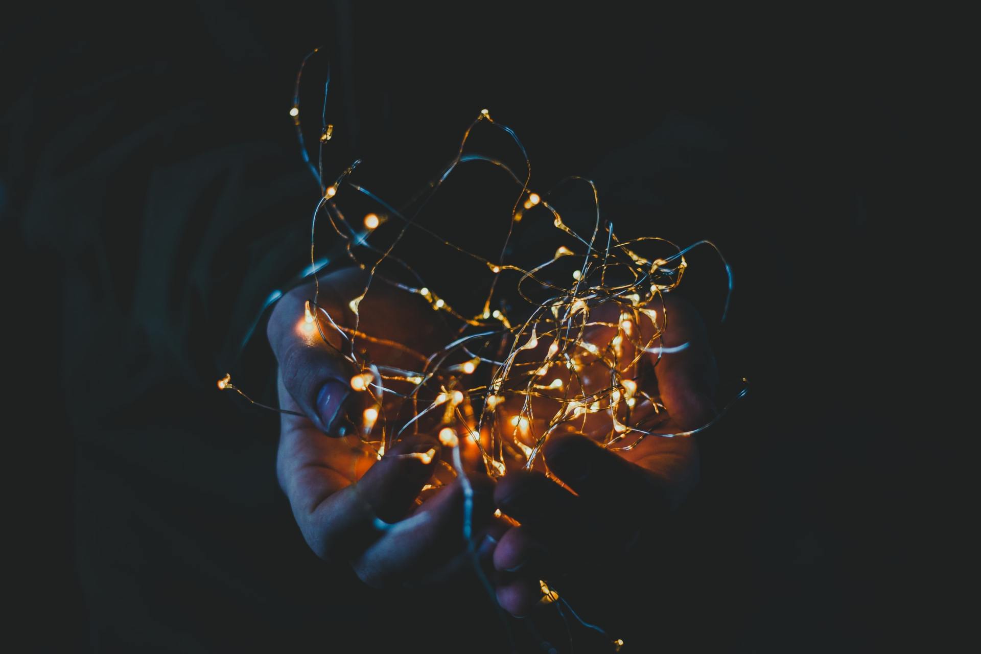 A person is holding a string of christmas lights in their hands.